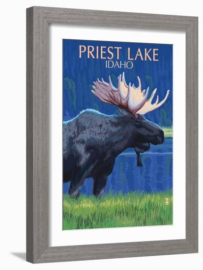 Priest Lake, Idaho - Moose at Night-Lantern Press-Framed Art Print