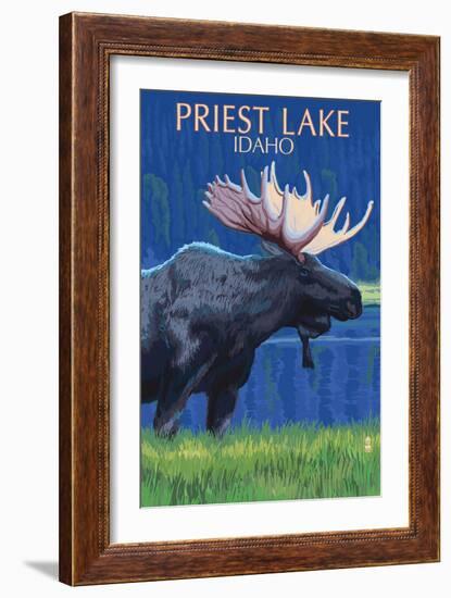 Priest Lake, Idaho - Moose at Night-Lantern Press-Framed Art Print