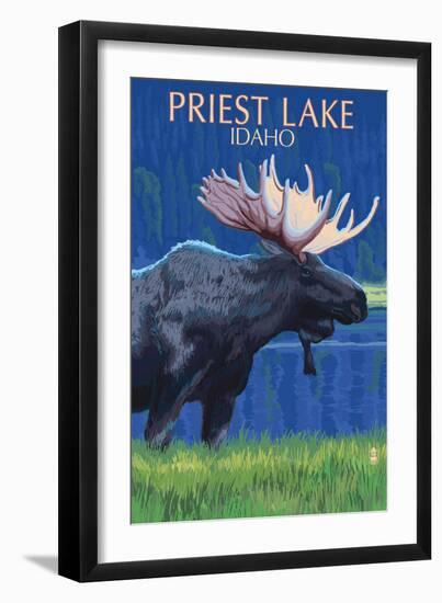 Priest Lake, Idaho - Moose at Night-Lantern Press-Framed Art Print