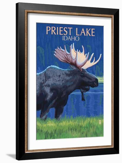 Priest Lake, Idaho - Moose at Night-Lantern Press-Framed Art Print