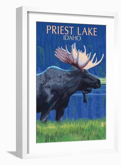 Priest Lake, Idaho - Moose at Night-Lantern Press-Framed Art Print