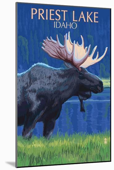 Priest Lake, Idaho - Moose at Night-Lantern Press-Mounted Art Print