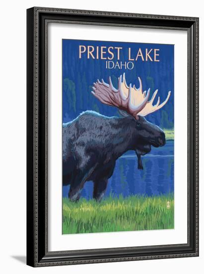 Priest Lake, Idaho - Moose at Night-Lantern Press-Framed Art Print