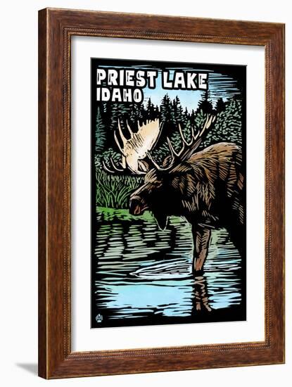 Priest Lake, Idaho - Moose Scratchboard-Lantern Press-Framed Art Print