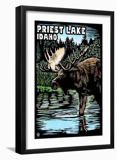 Priest Lake, Idaho - Moose Scratchboard-Lantern Press-Framed Art Print