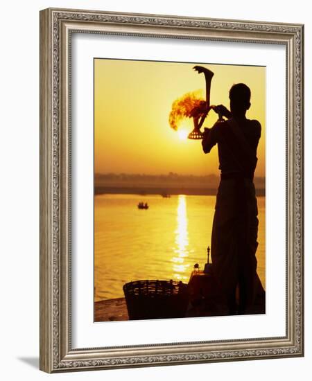 Priest Moves Lantern in Front of Sun During Morning Puja on Ganga Ma, Varanasi, India-Anthony Plummer-Framed Photographic Print