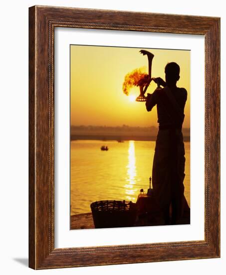 Priest Moves Lantern in Front of Sun During Morning Puja on Ganga Ma, Varanasi, India-Anthony Plummer-Framed Photographic Print