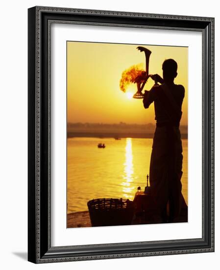 Priest Moves Lantern in Front of Sun During Morning Puja on Ganga Ma, Varanasi, India-Anthony Plummer-Framed Photographic Print