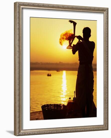 Priest Moves Lantern in Front of Sun During Morning Puja on Ganga Ma, Varanasi, India-Anthony Plummer-Framed Photographic Print