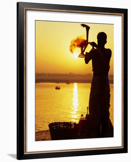 Priest Moves Lantern in Front of Sun During Morning Puja on Ganga Ma, Varanasi, India-Anthony Plummer-Framed Photographic Print