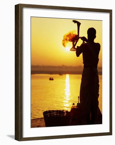 Priest Moves Lantern in Front of Sun During Morning Puja on Ganga Ma, Varanasi, India-Anthony Plummer-Framed Photographic Print