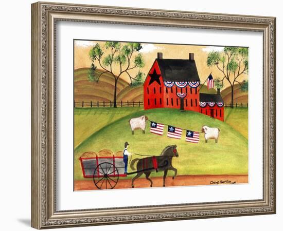 Primitive Americana Sheep with Horse and Wagon Cheryl Bartley-Cheryl Bartley-Framed Giclee Print