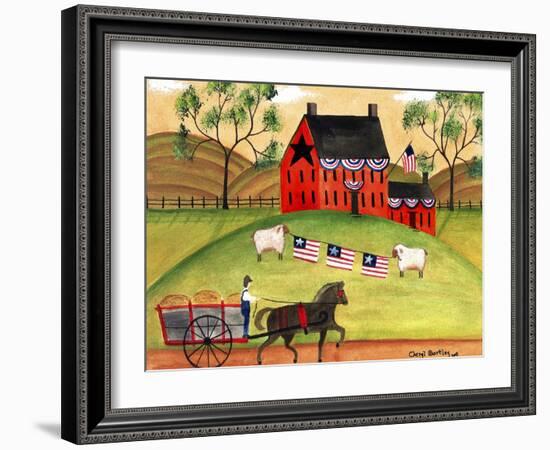 Primitive Americana Sheep with Horse and Wagon Cheryl Bartley-Cheryl Bartley-Framed Giclee Print