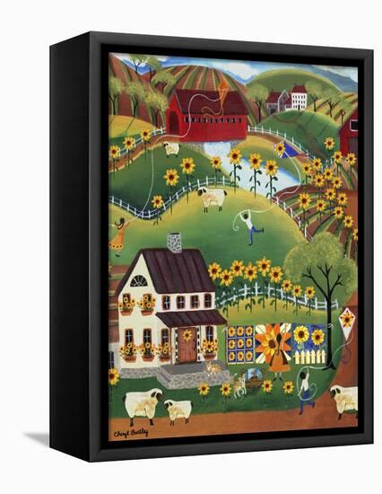 Primitive Quilt Maker House Sunflower Sheep Cheryl Bartley-Cheryl Bartley-Framed Premier Image Canvas