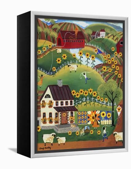 Primitive Quilt Maker House Sunflower Sheep Cheryl Bartley-Cheryl Bartley-Framed Premier Image Canvas