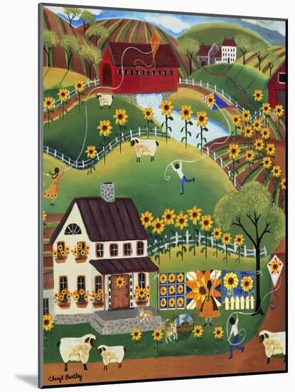 Primitive Quilt Maker House Sunflower Sheep Cheryl Bartley-Cheryl Bartley-Mounted Giclee Print