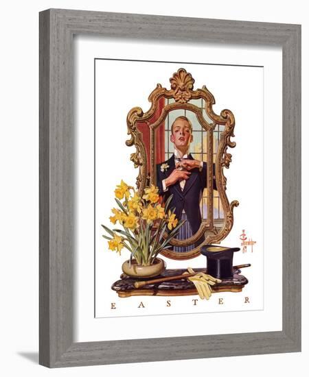 "Primping in Mirror,"April 11, 1936-Joseph Christian Leyendecker-Framed Giclee Print