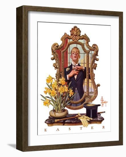 "Primping in Mirror,"April 11, 1936-Joseph Christian Leyendecker-Framed Giclee Print