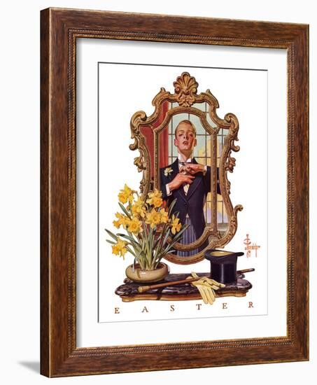 "Primping in Mirror,"April 11, 1936-Joseph Christian Leyendecker-Framed Giclee Print