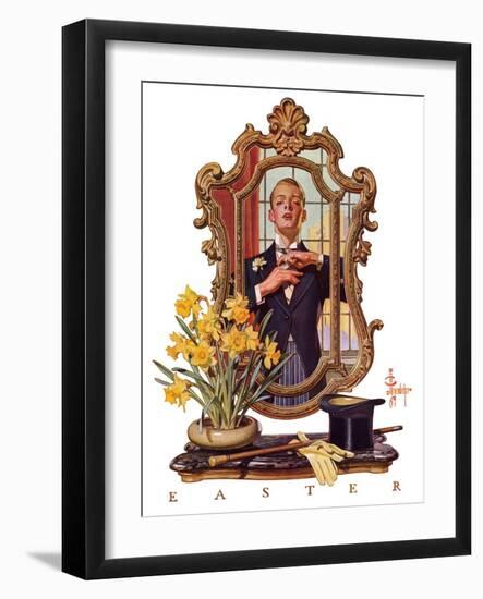 "Primping in Mirror,"April 11, 1936-Joseph Christian Leyendecker-Framed Giclee Print