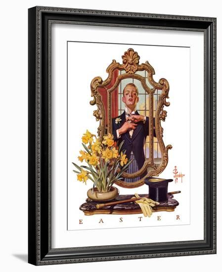 "Primping in Mirror,"April 11, 1936-Joseph Christian Leyendecker-Framed Giclee Print