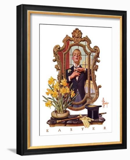 "Primping in Mirror,"April 11, 1936-Joseph Christian Leyendecker-Framed Giclee Print