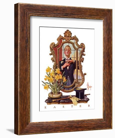 "Primping in Mirror,"April 11, 1936-Joseph Christian Leyendecker-Framed Giclee Print