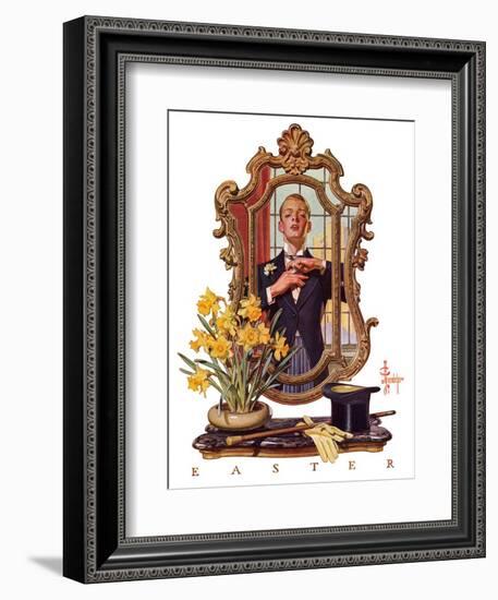 "Primping in Mirror,"April 11, 1936-Joseph Christian Leyendecker-Framed Giclee Print