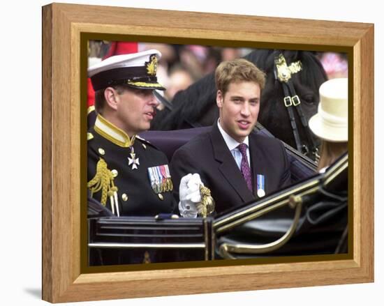 Prince Andrew and Prince William ride down the Mall towards St Paul's, 2002-null-Framed Premier Image Canvas