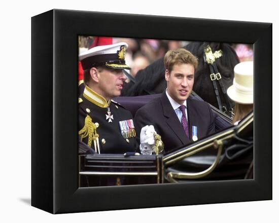 Prince Andrew and Prince William ride down the Mall towards St Paul's, 2002-null-Framed Premier Image Canvas