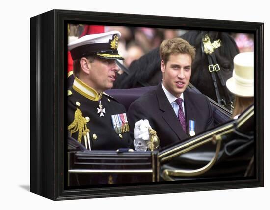 Prince Andrew and Prince William ride down the Mall towards St Paul's, 2002-null-Framed Premier Image Canvas