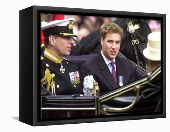 Prince Andrew and Prince William ride down the Mall towards St Paul's, 2002-null-Framed Premier Image Canvas