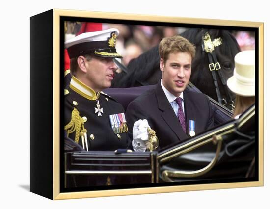 Prince Andrew and Prince William ride down the Mall towards St Paul's, 2002-null-Framed Premier Image Canvas