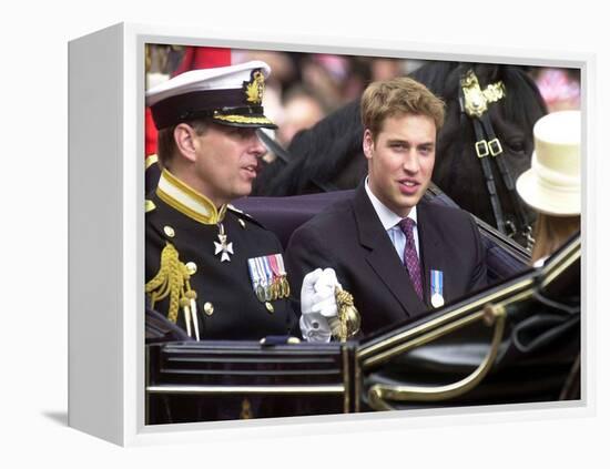 Prince Andrew and Prince William ride down the Mall towards St Paul's, 2002-null-Framed Premier Image Canvas