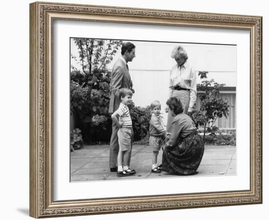 Prince Charles and Princess Diana with Prince William and Prince Harry, meet the headmistress as Ha-null-Framed Photographic Print