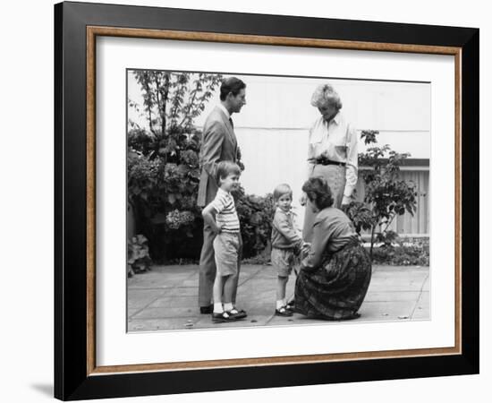 Prince Charles and Princess Diana with Prince William and Prince Harry, meet the headmistress as Ha-null-Framed Photographic Print