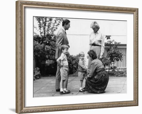 Prince Charles and Princess Diana with Prince William and Prince Harry, meet the headmistress as Ha-null-Framed Photographic Print