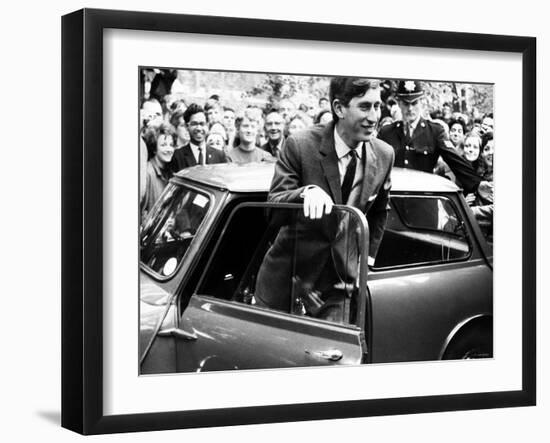 Prince Charles at Cambridge University Steps from His Mini Car on Arriving at Trinity College-null-Framed Photographic Print