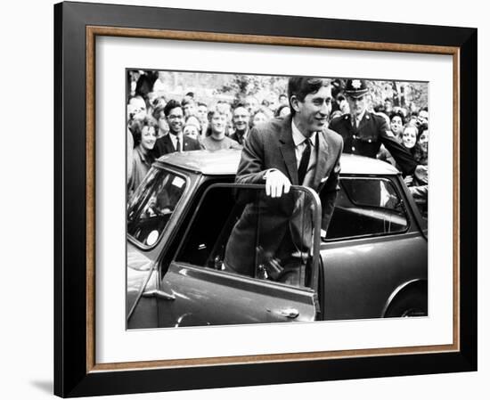 Prince Charles at Cambridge University Steps from His Mini Car on Arriving at Trinity College-null-Framed Photographic Print