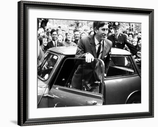 Prince Charles at Cambridge University Steps from His Mini Car on Arriving at Trinity College-null-Framed Photographic Print