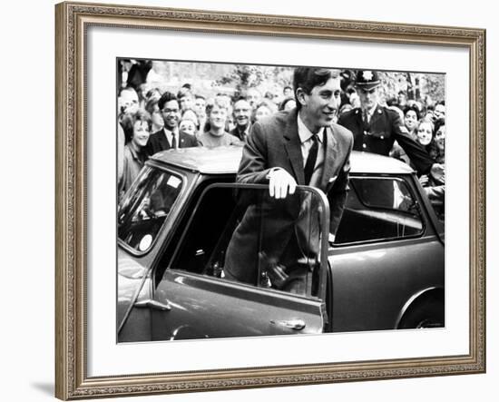 Prince Charles at Cambridge University Steps from His Mini Car on Arriving at Trinity College-null-Framed Photographic Print