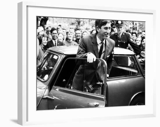 Prince Charles at Cambridge University Steps from His Mini Car on Arriving at Trinity College-null-Framed Photographic Print