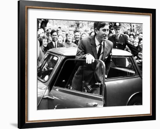 Prince Charles at Cambridge University Steps from His Mini Car on Arriving at Trinity College-null-Framed Photographic Print