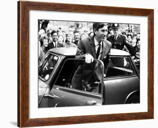 Prince Charles at Cambridge University Steps from His Mini Car on Arriving at Trinity College-null-Framed Photographic Print