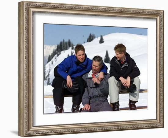 Prince Charles with His Two Sons Prince William and Prince Harry on the Ski Slopes in Klosters-null-Framed Photographic Print