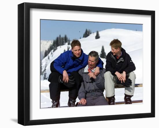 Prince Charles with His Two Sons Prince William and Prince Harry on the Ski Slopes in Klosters-null-Framed Photographic Print