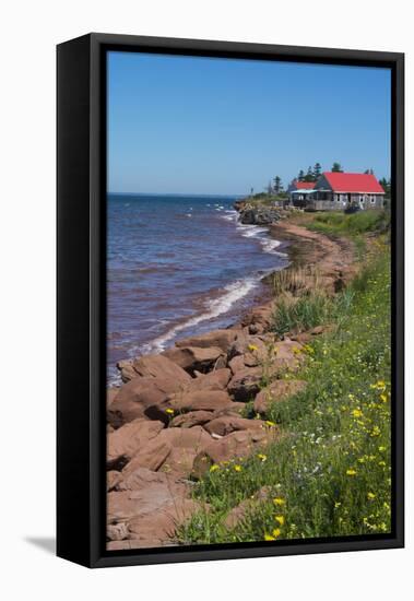 Prince Edward Island, Prim Point Shore and Waves with Red Roof House in Summer with Wildflowers-Bill Bachmann-Framed Premier Image Canvas