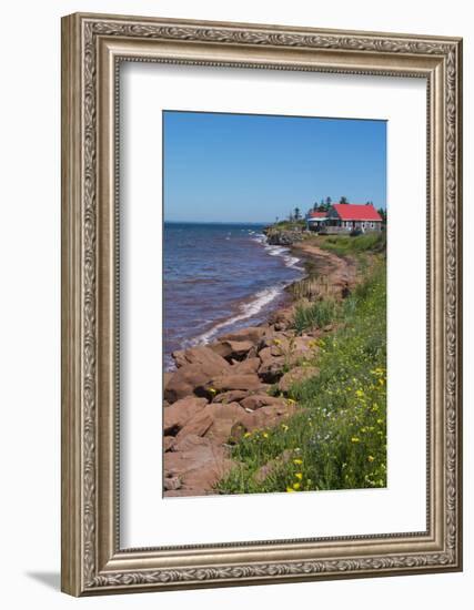 Prince Edward Island, Prim Point Shore and Waves with Red Roof House in Summer with Wildflowers-Bill Bachmann-Framed Photographic Print