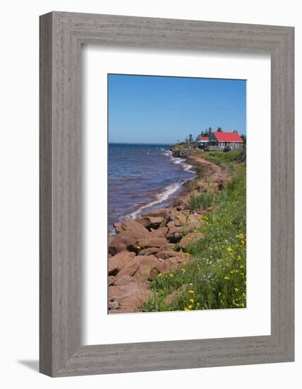 Prince Edward Island, Prim Point Shore and Waves with Red Roof House in Summer with Wildflowers-Bill Bachmann-Framed Photographic Print