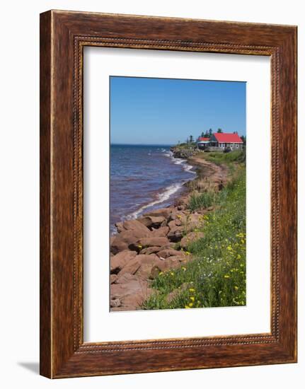 Prince Edward Island, Prim Point Shore and Waves with Red Roof House in Summer with Wildflowers-Bill Bachmann-Framed Photographic Print